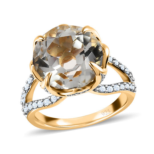 Prasiolith, Weißer Zirkon Ring, 925 Silber Gelbgold Vermeil, (Größe 20.00) ca. 8.06 ct