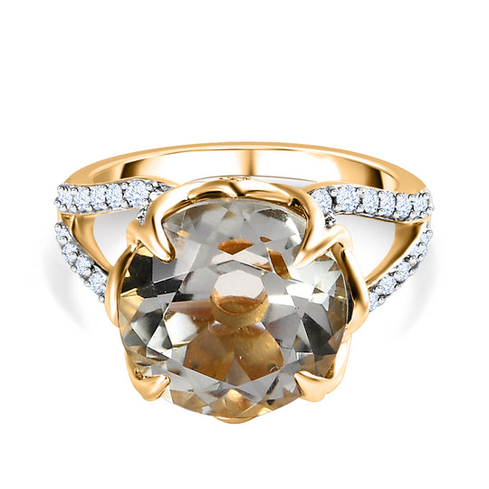 Prasiolith, Weißer Zirkon Ring, 925 Silber Gelbgold Vermeil, (Größe 20.00) ca. 8.06 ct