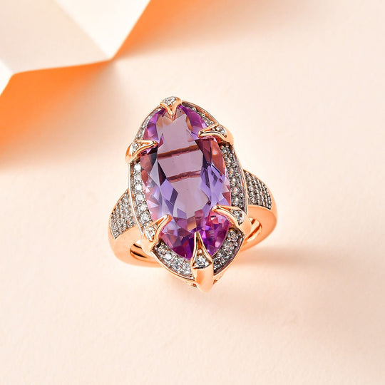 Rose De France Amethyst, Weißer Zirkon Ring, 925 Silber rosévergoldet, (Größe 18.00), ca. 9.14 ct