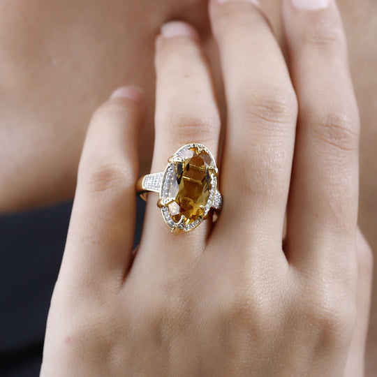 Citrin, Weißer Zirkon Ring, 925 Silber vergoldet, (Größe 16.00), ca. 10.71 ct