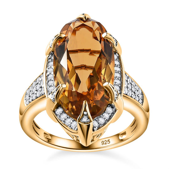 Citrin, Weißer Zirkon Ring, 925 Silber vergoldet, (Größe 16.00), ca. 10.71 ct