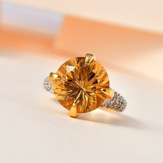 Citrin, Weißer Zirkon Ring, 925 Silber Gelbgold Vermeil, ca. 8.38 ct