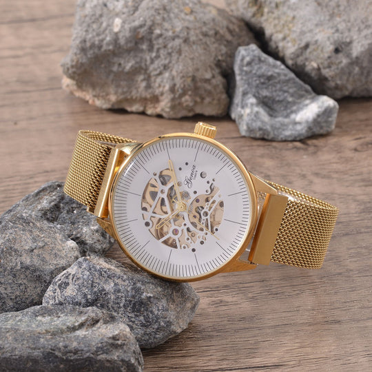 GENOA Automatik Mechanische Uhr mit Schwarzem Sonnenschein-Hohlzifferblatt und Modernem Minimalistischem Runddesign
