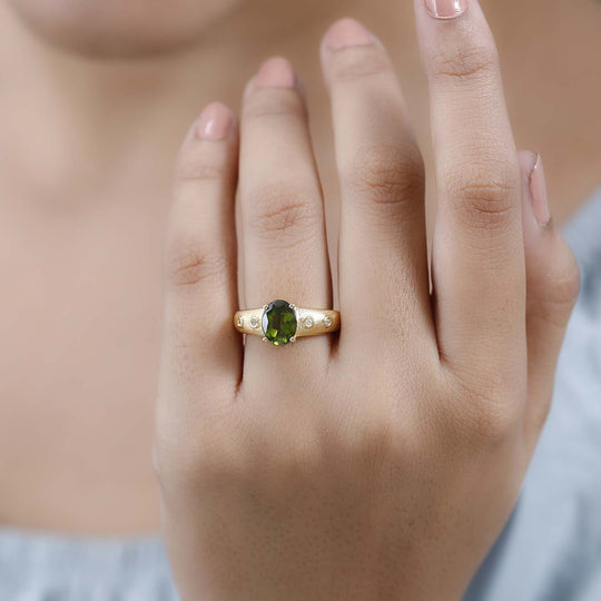 AA Natürlicher, italienischer Vesuvianit, Weißer Zirkon Ring, 925 Silber Gelbgold Vermeil, (Größe 17.00) ca. 2.09 ct