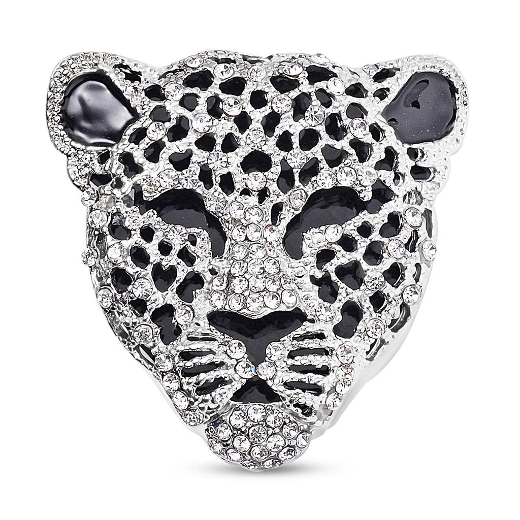 Emaillierte Brosche mit weißem Kristall, Leopard