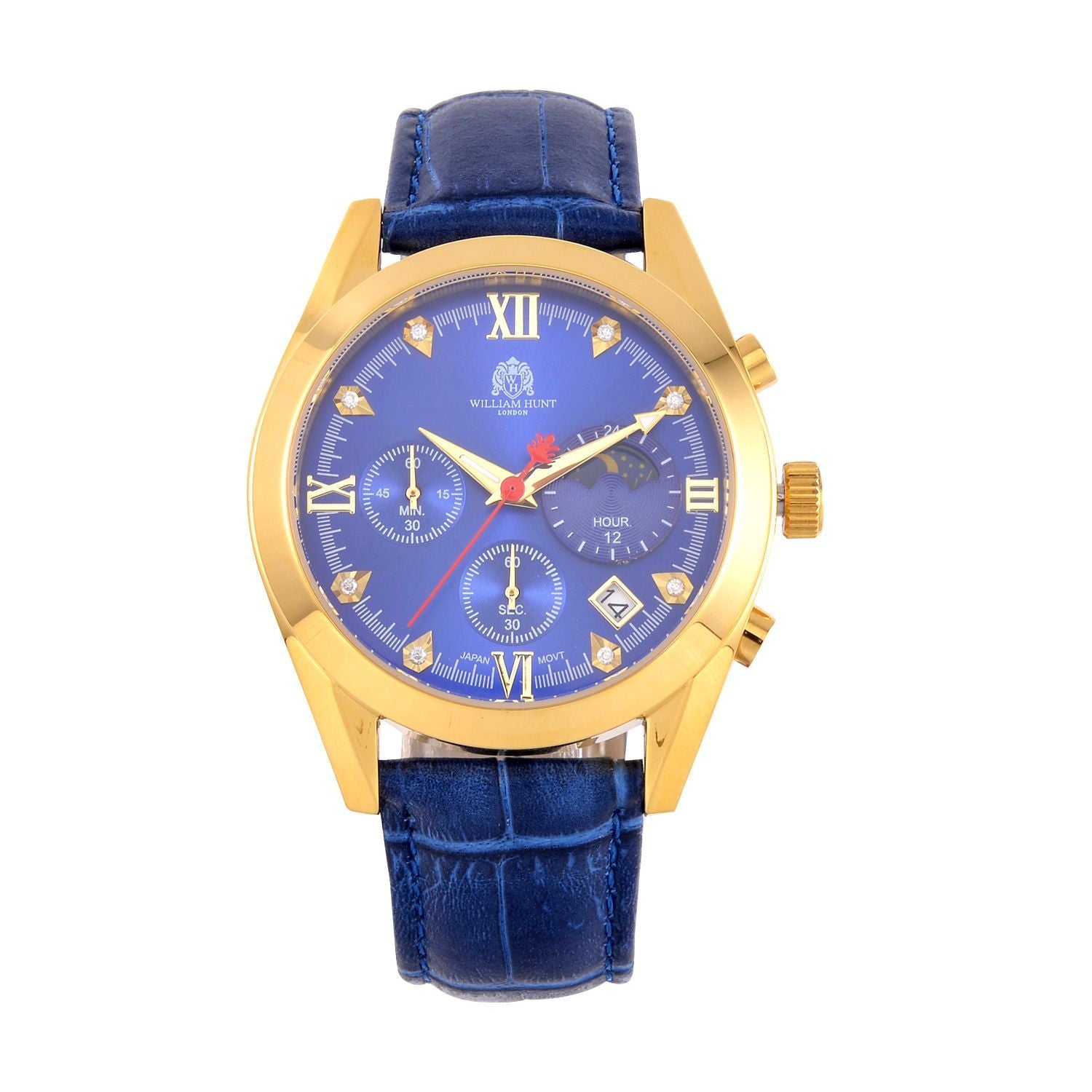 WILLIAM HUNT - 40mm Edelstahl-Uhr, japanisches Uhrwerk, weißes Zifferblatt, Moissanit, blauem Lederband, ca.5 ctca. 0.05 ct