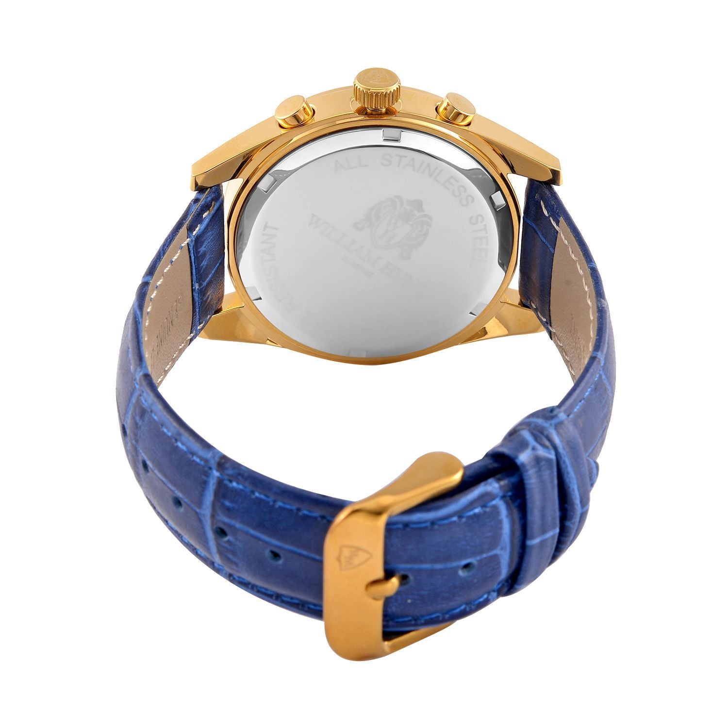 WILLIAM HUNT - 40mm Edelstahl-Uhr, japanisches Uhrwerk, weißes Zifferblatt, Moissanit, blauem Lederband, ca.5 ctca. 0.05 ct