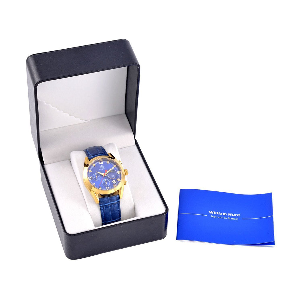 WILLIAM HUNT - 40mm Edelstahl-Uhr, japanisches Uhrwerk, weißes Zifferblatt, Moissanit, blauem Lederband, ca.5 ctca. 0.05 ct