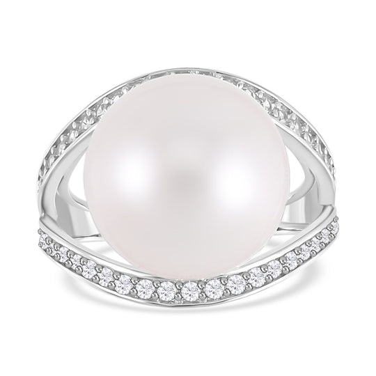 Weißer Edison Perle (14-15mm) und weißer Zirkon Ring, 925 Silber platiniert