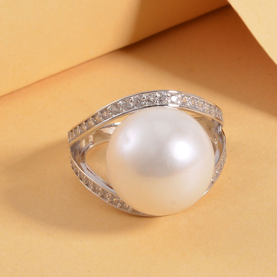 Weißer Edison Perle (14-15mm) und weißer Zirkon Ring, 925 Silber platiniert