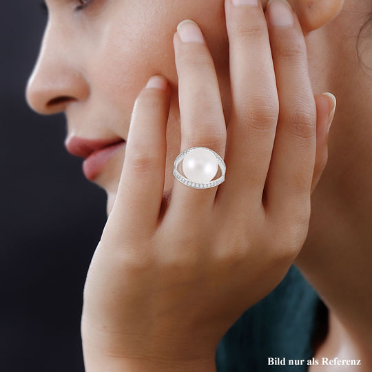 Weißer Edison Perle (14-15mm) und weißer Zirkon Ring, 925 Silber platiniert