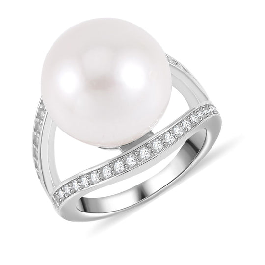 Weißer Edison Perle (14-15mm) und weißer Zirkon Ring, 925 Silber platiniert