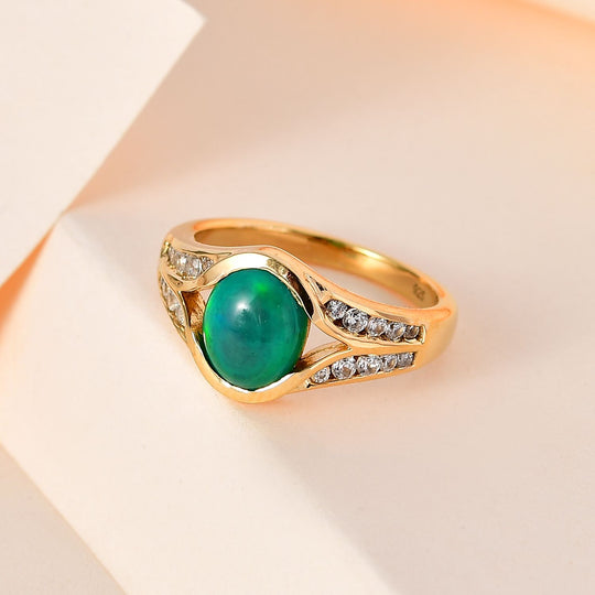 AA Grün, äthiopischer Welo Opal, Weißer Zirkon Ring, 925 Silber Gelbgold Vermeil, (Größe 21.00) ca. 1.42 ct