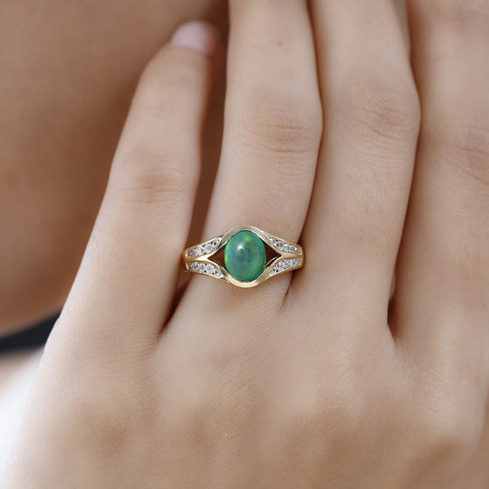 AA Grün, äthiopischer Welo Opal, Weißer Zirkon Ring, 925 Silber Gelbgold Vermeil, (Größe 21.00) ca. 1.42 ct
