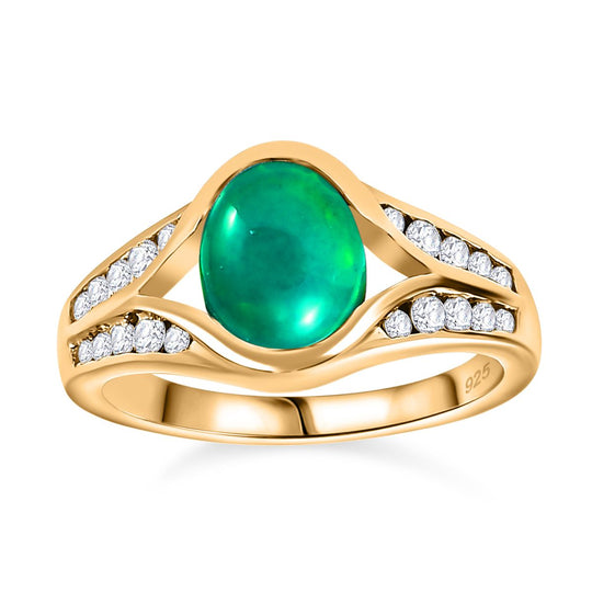AA Grün, äthiopischer Welo Opal, Weißer Zirkon Ring, 925 Silber Gelbgold Vermeil, (Größe 21.00) ca. 1.42 ct