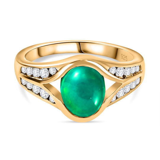 AA Grün, äthiopischer Welo Opal, Weißer Zirkon Ring, 925 Silber Gelbgold Vermeil, (Größe 21.00) ca. 1.42 ct