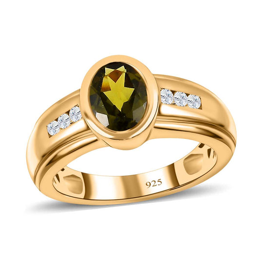 AA Natürlicher, italienischer Vesuvianit, Weißer Zirkon Ringe 925 Silber Gelbgold Vermeil (Größe 17.00) ca. 1.43 ct