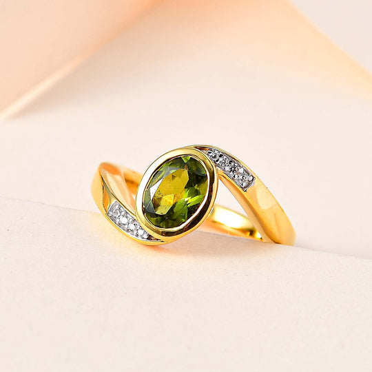 AA Natürlicher, italienischer Vesuvianit, Weißer Zirkon Ring, 925 Silber Gelbgold Vermeil, (Größe 20.00), ca. 1.32 ct