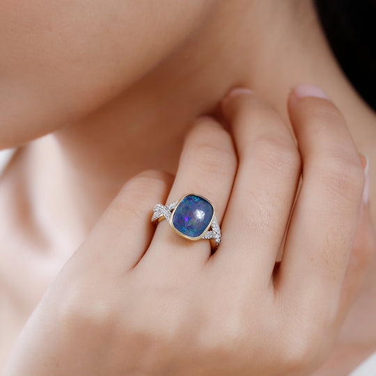Boulder Opal Triplett und Zirkon Ring, 925 Silber Gelbgold Vermeil - 3,96 ct.