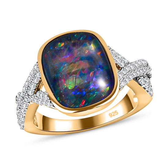 Boulder Opal Triplett und Zirkon Ring, 925 Silber Gelbgold Vermeil - 3,96 ct.