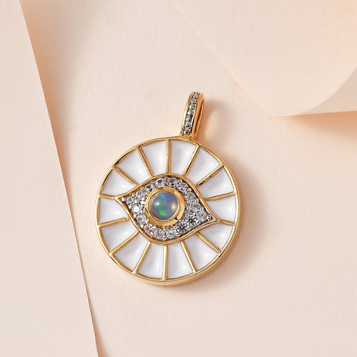 Natürlicher, äthiopischer Welo Opal, Weißer Zirkon Anhänger, 925 Silber Gelbgold Vermeil ca. 0.51 ct