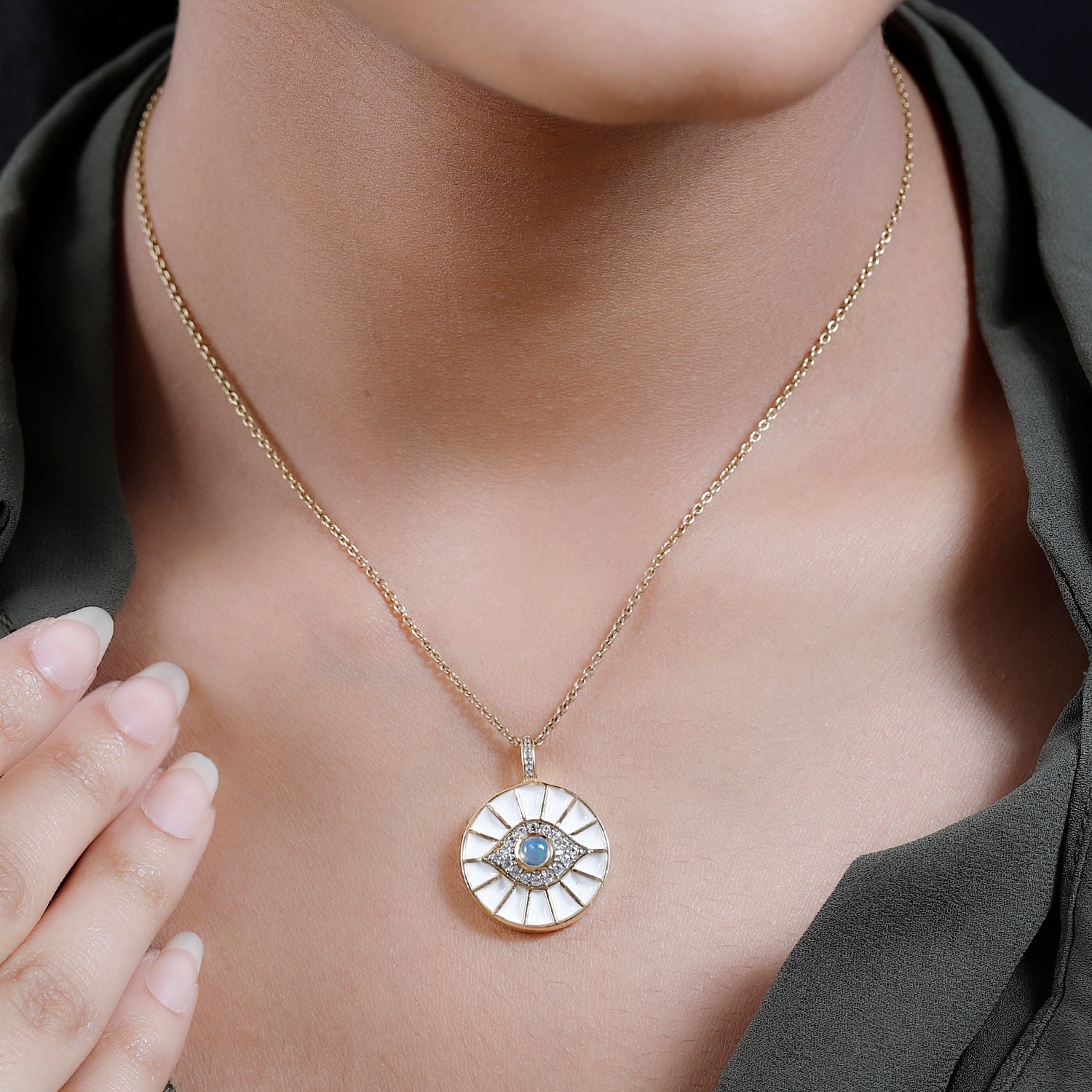 Natürlicher, äthiopischer Welo Opal, Weißer Zirkon Anhänger, 925 Silber Gelbgold Vermeil ca. 0.51 ct