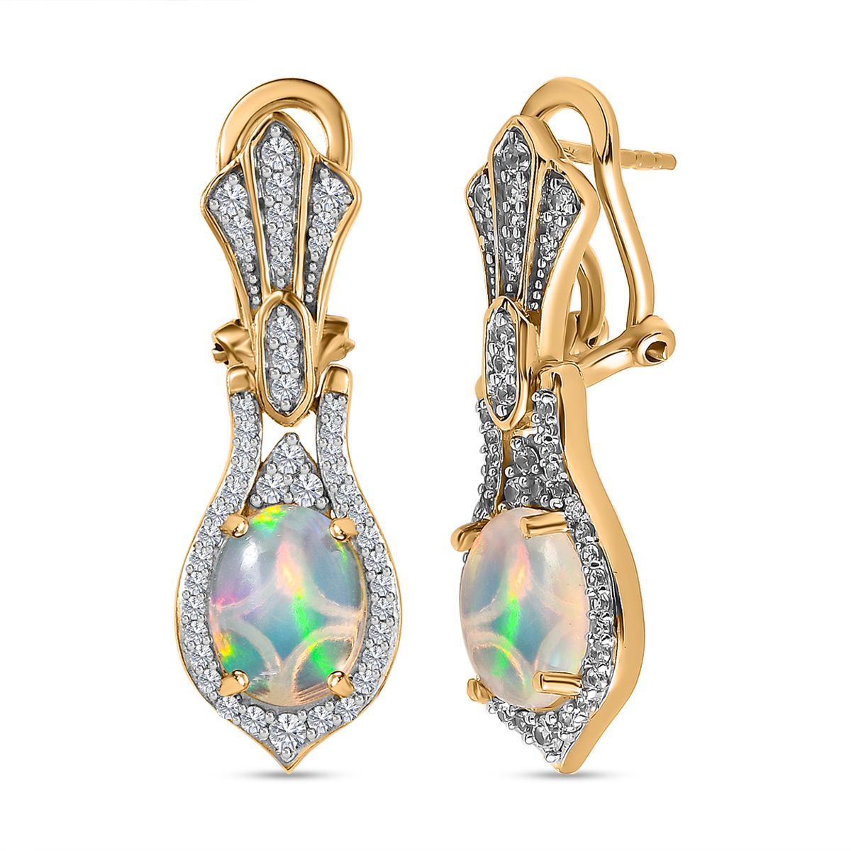 AA Natürlicher, äthiopischer Welo Opal, Weißer Zirkon Ohrringe, 925 Silber Gelbgold Vermeil, ca. 3.51 ct
