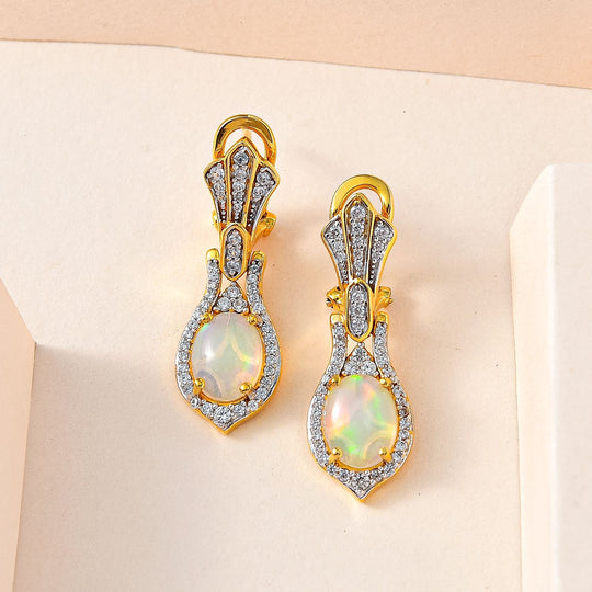 AA Natürlicher, äthiopischer Welo Opal, Weißer Zirkon Ohrringe, 925 Silber Gelbgold Vermeil, ca. 3.51 ct
