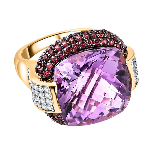 AAA Rose De France Amethyst, Natürlicher Rhodolith Granat Ring, 925 Silber Gelbgold Vermeil (Größe 18.00) ca. 20.61 ct