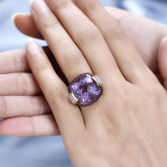 AAA Rose De France Amethyst, Natürlicher Rhodolith Granat Ring, 925 Silber Gelbgold Vermeil (Größe 18.00) ca. 20.61 ct