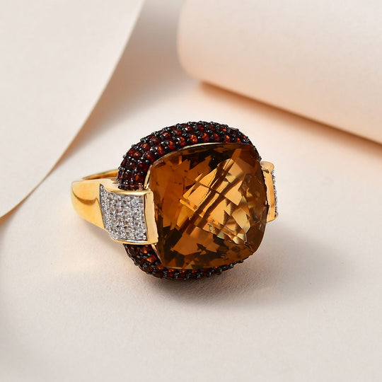 AAA Citrin, Mosambik Granat Ring, 925 Silber Gelbgold Vermeil, (Größe 19.00) ca. 21.30 ct