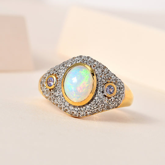 AA Natürlicher, äthiopischer Welo Opal, Tansanit Ring, 925 Silber Gelbgold Vermeil, (Größe 21.00), ca. 2.28 ct