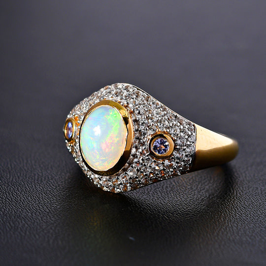 AA Natürlicher, äthiopischer Welo Opal, Tansanit Ring, 925 Silber Gelbgold Vermeil, (Größe 21.00), ca. 2.28 ct