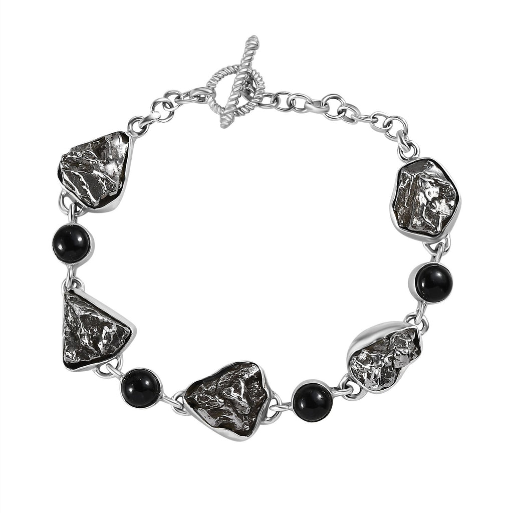 Meteorit, Schwarzes Turmalin Armband, ca. 19 cm, 925 Silber rhodiniert, ca. 74.01 ct