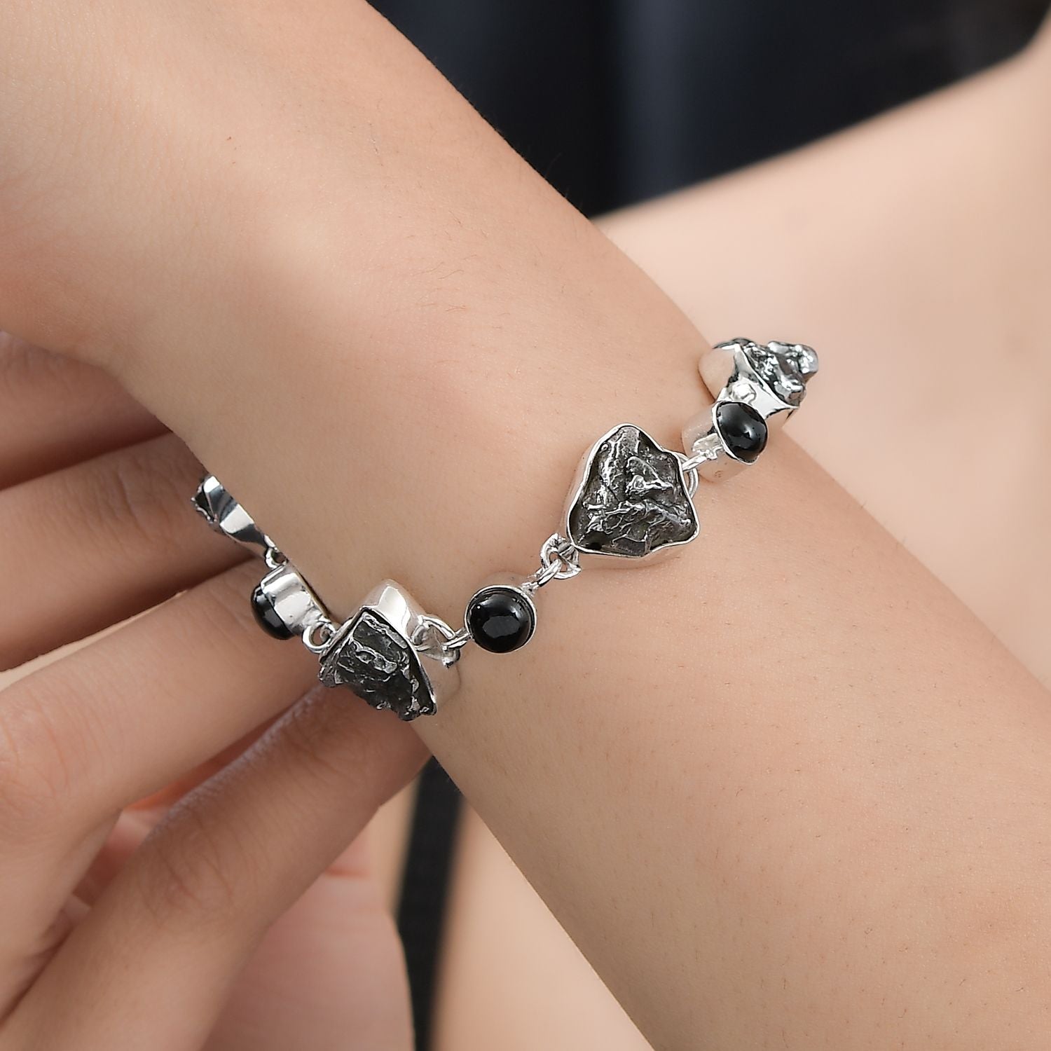 Meteorit, Schwarzes Turmalin Armband, ca. 19 cm, 925 Silber rhodiniert, ca. 74.01 ct