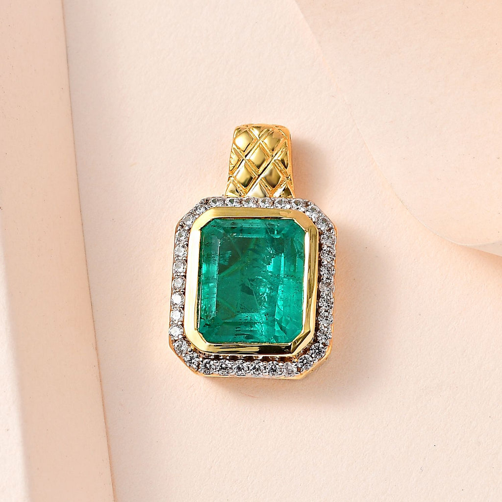 Smaragd-Triplette-Quarz, Weißer Zirkon Anhänger 925 Silber Gelbgold Vermeil ca. 7.47 ct