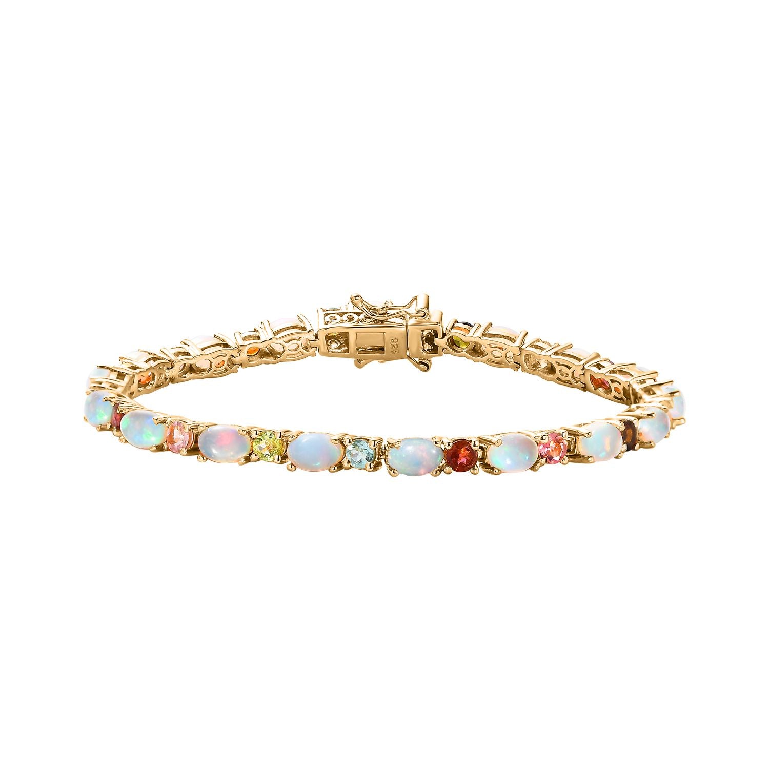 AA Natürlicher, äthiopischer Welo-Opal, mehrfarbiges Turmalin-Armband, ca. 18 cm, 925 Silber Gelbgold Vermeil ca. 8.96 ct