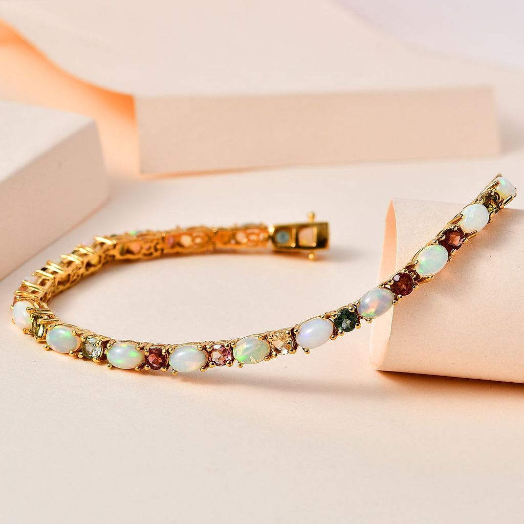 AA Natürlicher, äthiopischer Welo-Opal, mehrfarbiges Turmalin-Armband, ca. 18 cm, 925 Silber Gelbgold Vermeil ca. 8.96 ct