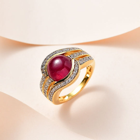 Afrikanischer Rubin (Fissure gefüllt), Weißer Zirkon Ring, 925 Silber Gelbgold Vermeil (Größe 17.00) ca. 6.98 ct