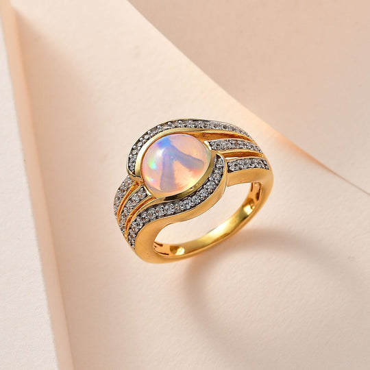 Natürlicher, äthiopischer Welo Opal, Weißer Zirkon Ring, 925 Silber Gelbgold Vermeil, (Größe 19.00) ca. 3.15 ct