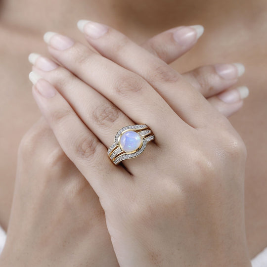 Natürlicher, äthiopischer Welo Opal, Weißer Zirkon Ring, 925 Silber Gelbgold Vermeil, (Größe 19.00) ca. 3.15 ct