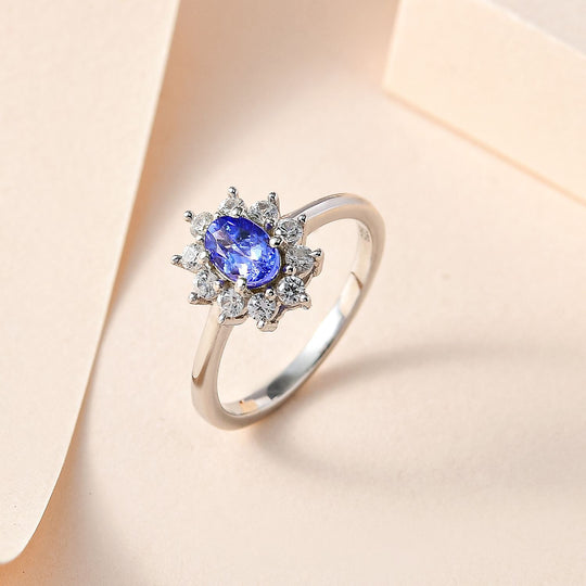 AA Tansanit, Weißer Zirkon Ring, 925 Silber platiniert, (Größe 20.00) ca. 0.97 ct