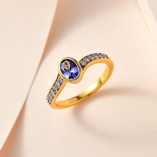 Tansanit, Weißer Zirkon Ring, 925 Silber Gelbgold Vermeil (Größe 20.00) ca. 1.22 ct