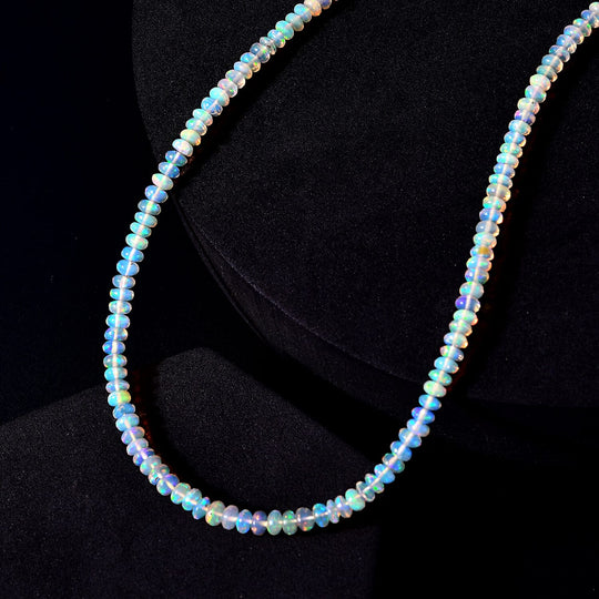 AAAA Natürliche, äthiopische Welo Opal Halskette, AGI zertifiziert und geprüft, ca. 45 cm+ 5 cm Extender, 585 Gelb Gold ca. 40.00 ct
