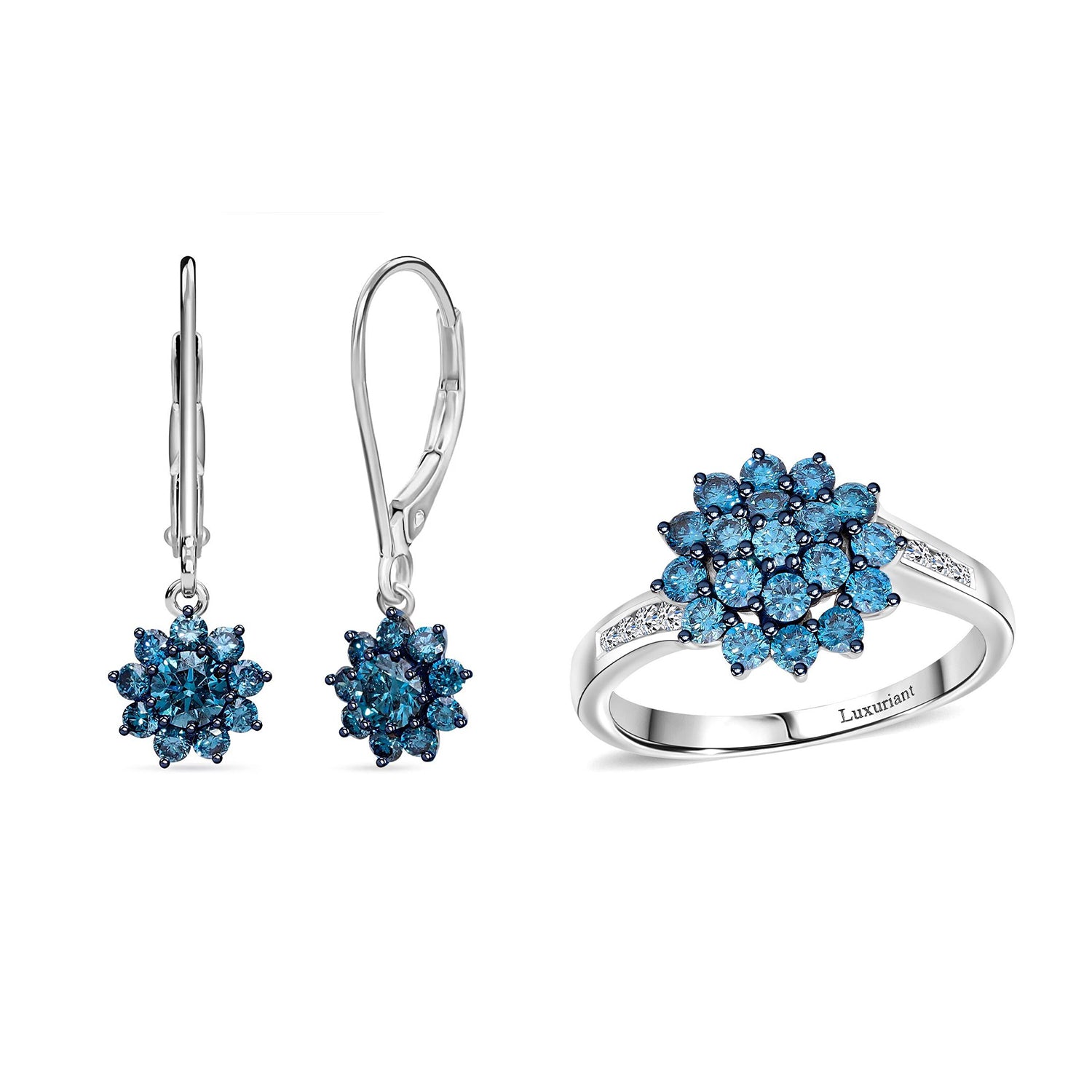 LUXURIANT DIAMOND- SGL zertifizierter SI-GH Labor blauer und weißer Diamant Ring und Ohrringe