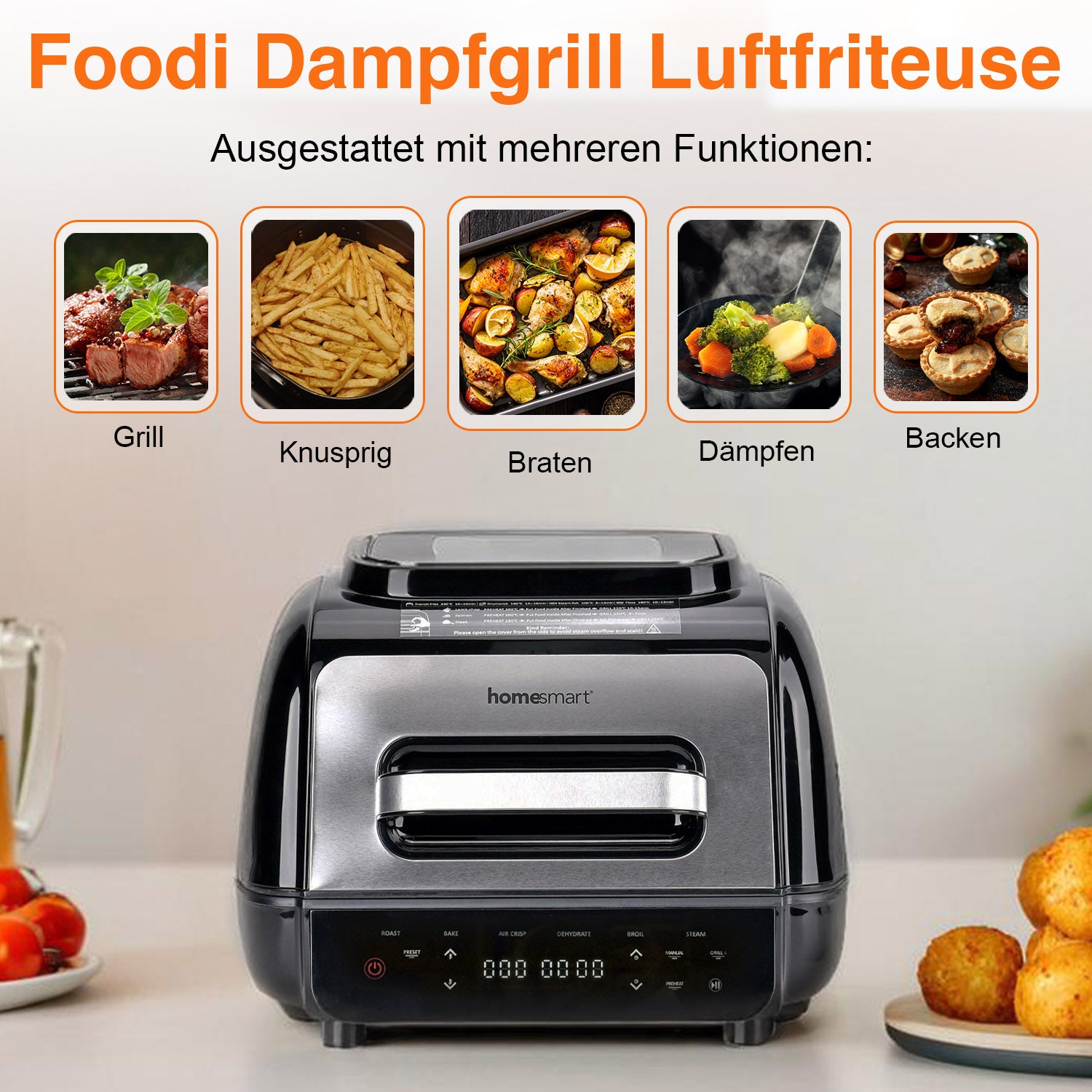 HOMESMART Foodi Steam Grill Air-Fryer, Multifunktion, 6L Kapazität