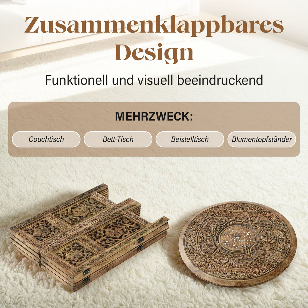 Rustikaler Holzklapptisch mit Handgeschnitztem Brand-Finish - 53x53 cm