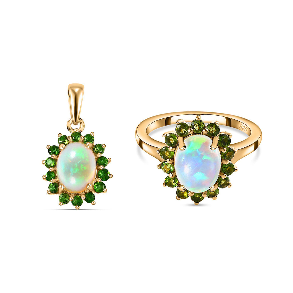 AA natürlicher, äthiopischer Welo Opal und Chromdiopsid Ring und Anhänger