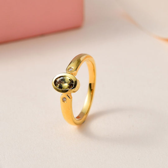 AA Natürlicher goldener Tansanit, Weißer Diamant Ring, 925 Silber Gelbgold Vermeil (Größe 21.00) ca. 0.44 ct
