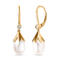 Süßwasser Perle, Weißer Zirkon Ohrringe 925 Silber Gelbgold Vermeil ca. 0,10 ct.